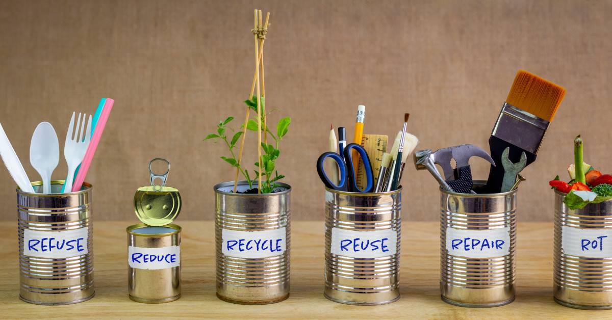 Zero Waste management, illustrated in 6 old tin cans with lables Refuse, reduce, recycle, repair, reuse, rot. Save money, eco lifestyle, sustainable living and zero waste concept Sustainable Holistic Life